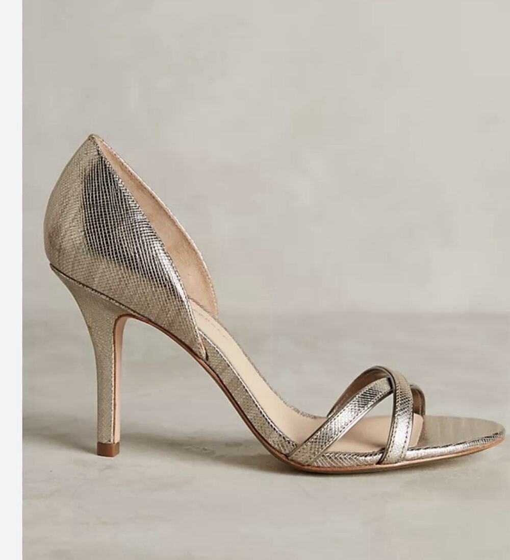 Aerin Cocobay Gold Textured Leather Peep Toe Pumps Heels Size 8 Metallic Evening